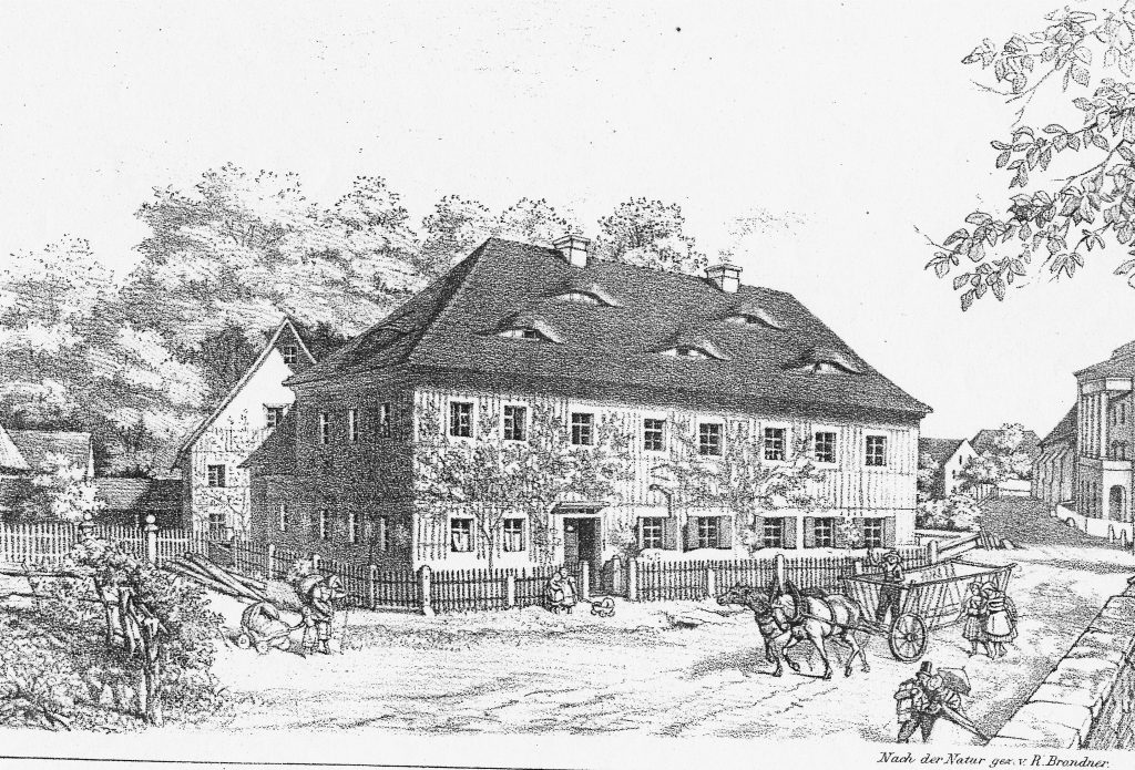 Die alte Schule von Lockwitz nach 1713 Am Plan 10. Rechts im Bild das Schloß und Kirche Lockwitz.
